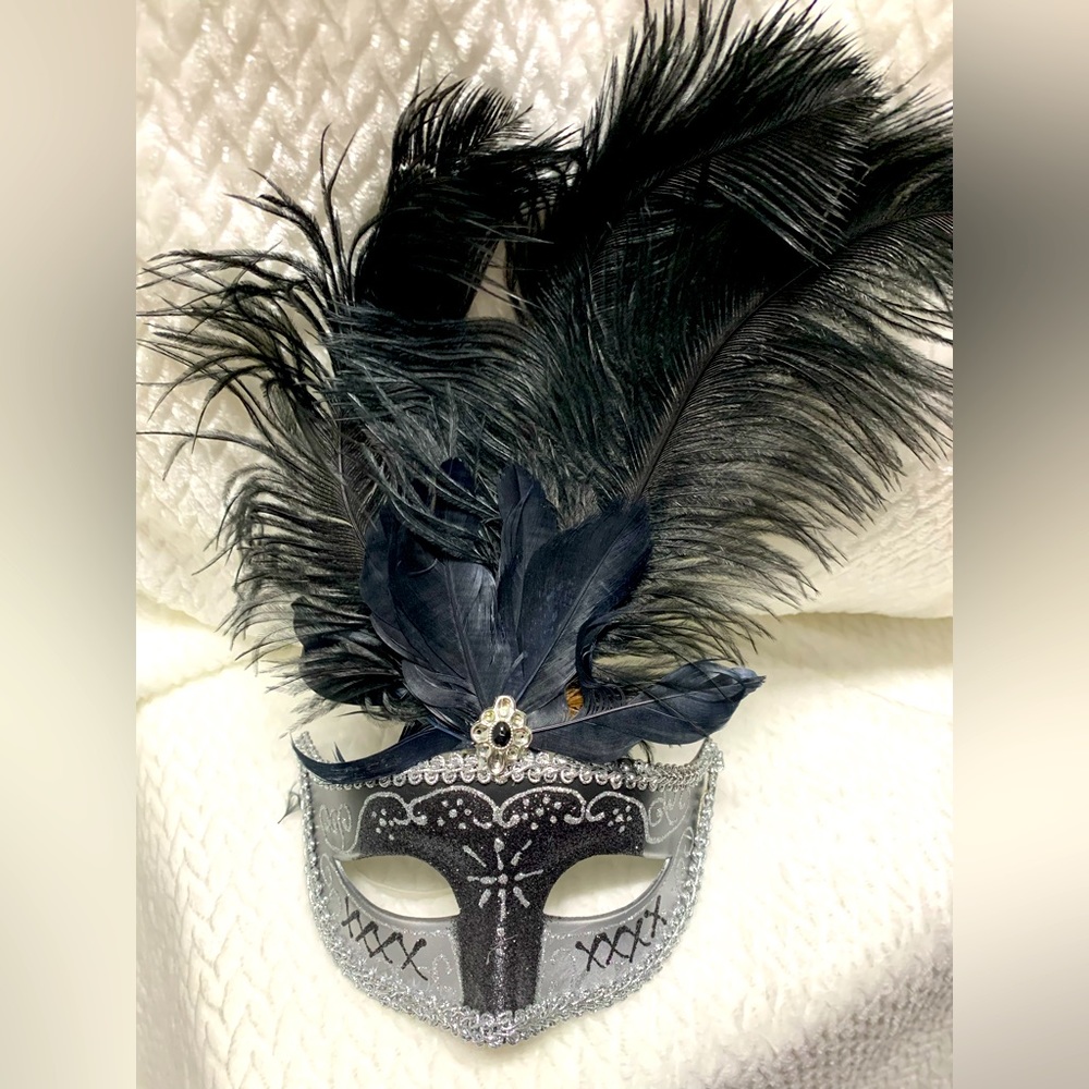 Black and Silver Feather Mask for adult